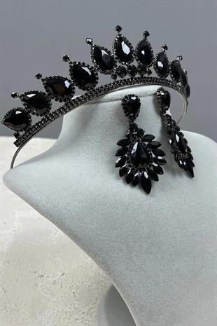 Neri Model Düğün Kına Kostüm Tacı ve Damla Mekik Küpe Seti Siyah