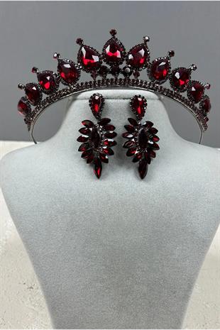 Neri Model Düğün Kına Kostüm Tacı ve Damla Küpe Seti Bordo