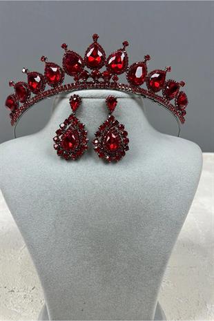 Neri Model Düğün Kına Kostüm Tacı ve Damla Mekik Küpe Seti Bordo