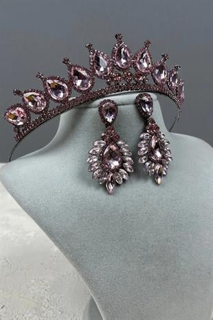 Neri Model Wedding Henna Costume Crown and Drop Earrings Set Pink
