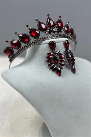 Neri Model Düğün Kına Kostüm Tacı ve Damla Küpe Seti Bordo