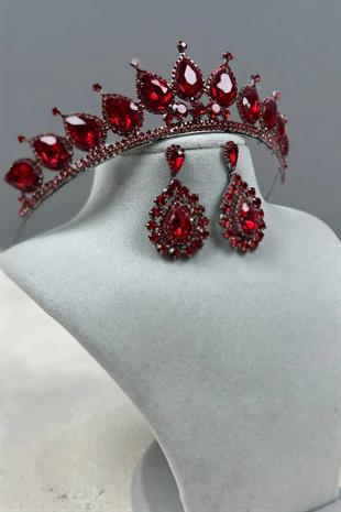 Neri Model Düğün Kına Kostüm Tacı ve Damla Mekik Küpe Seti Bordo
