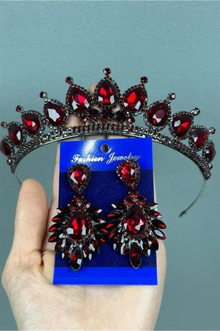 Neri Model Düğün Kına Kostüm Tacı ve Mekik Küpe Seti Kırmızı