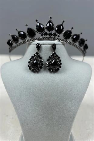 Neri Model Wedding Henna Costume Crown and Shuttle Drop Earring Set Black