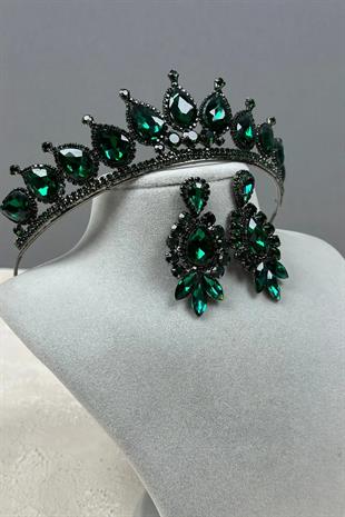 Neri Model Wedding Henna Costume Crown and Shuttle Drop Earring Set Green