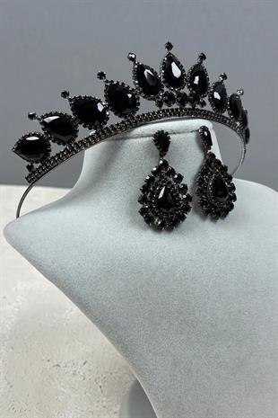 Neri Model Wedding Henna Costume Crown and Shuttle Drop Earring Set Black