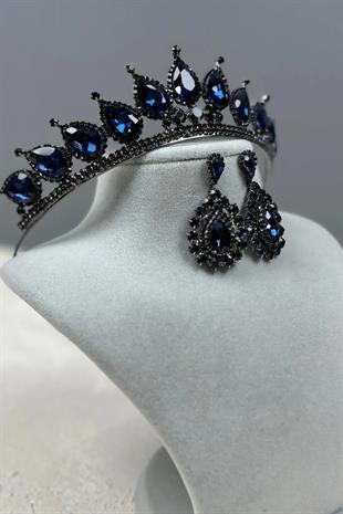 Neri Model Wedding Henna Costume Crown and Shuttle Earring Set Navy Blue