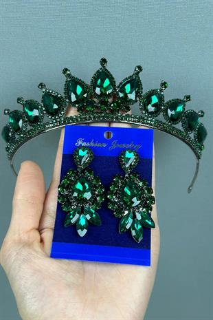 Neri Model Wedding Henna Costume Crown and Shuttle Drop Earring Set Green