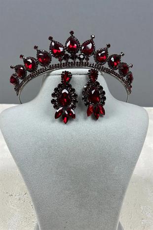 Neri Model Düğün Kına Kostüm Tacı ve Mekik Damla Küpe Seti Bordo