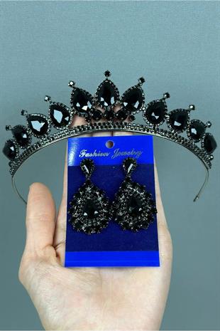 Neri Model Wedding Henna Costume Crown and Shuttle Drop Earring Set Black
