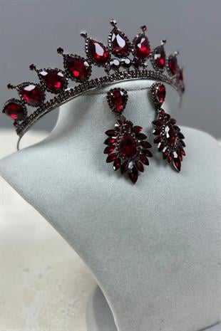 Neri Model Düğün Kına Kostüm Tacı ve Mekik Küpe Seti Kırmızı