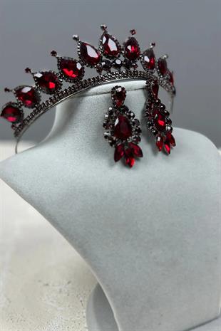Neri Model Düğün Kına Kostüm Tacı ve Mekik Damla Küpe Seti Bordo