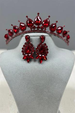 Neri Model Düğün Kına Kostüm Tacı ve Mekik Damla Küpe Seti Kırmızı