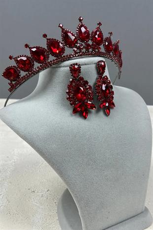 Neri Model Düğün Kına Kostüm Tacı ve Mekik Damla Küpe Seti Kırmızı