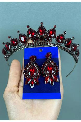 Neri Model Düğün Kına Kostüm Tacı ve Mekik Damla Küpe Seti Bordo