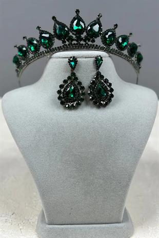 Neri Model Wedding Henna Costume Crown and Shuttle Earring Set Green