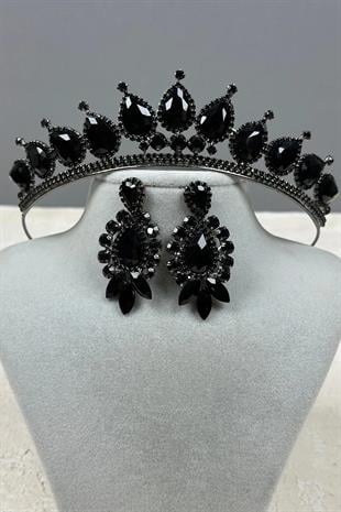 Neri Model Düğün Kına Kostüm Tacı ve Mekik Küpe Seti Siyah