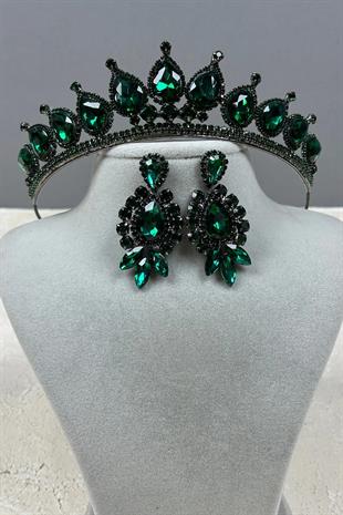 Neri Model Wedding Henna Costume Crown and Shuttle Drop Earring Set Green