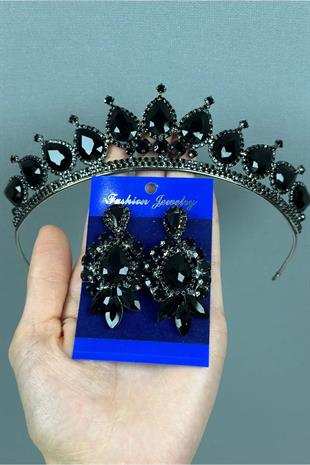 Neri Model Düğün Kına Kostüm Tacı ve Mekik Küpe Seti Siyah