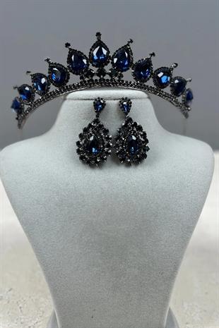 Neri Model Wedding Henna Costume Crown and Shuttle Earring Set Navy Blue