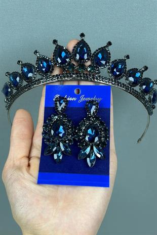 Neri Model Düğün Kına Kostüm Tacı ve Mekik Damla Küpe Seti Lacivert