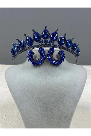 Neri Model Düğün Kına Kostüm Tacı ve Yaprak Küpe Seti Sax Blue