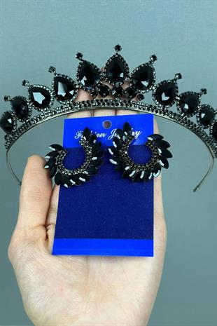 Neri Model Wedding Henna Costume Crown and Leaf Earring Set Black