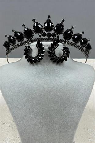 Neri Model Wedding Henna Costume Crown and Leaf Earring Set Black