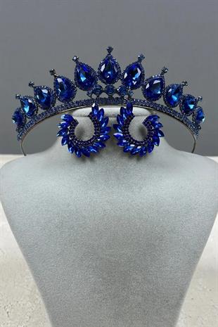 Neri Model Wedding Henna Costume Crown and Leaf Earring Set Sax Blue