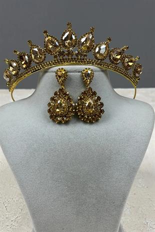 Neri Model Bridal Wedding Henna Crown and Shuttle Earring Set Gold