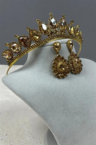Neri Model Bridal Wedding Henna Crown and Shuttle Earring Set Gold