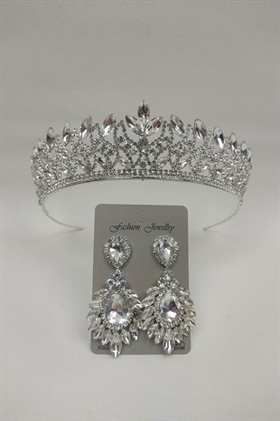 Neva Model Gelin Tacı Ve Damla Mekik Taşlı Küpe