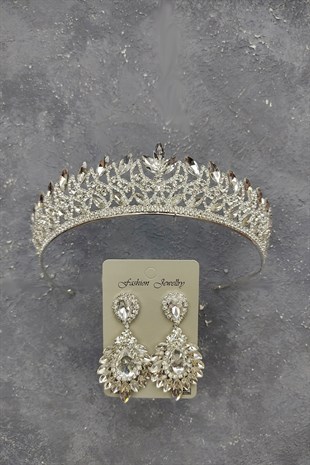 Neva Model Gelin Tacı Ve Damla Mekik Taşlı Küpe