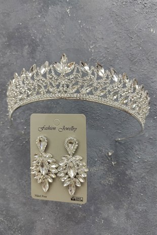 Neva Model Gelin Tacı Ve Damla Taşlı Küpe