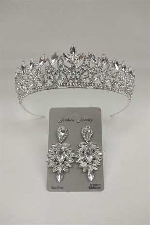 Neva Model Gelin Tacı Ve Damla Taşlı Küpe