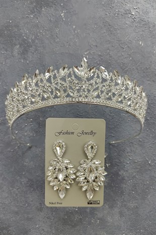 Neva Model Gelin Tacı Ve Damla Taşlı Küpe