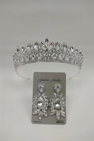 Neva Model Gelin Tacı Ve Mekik Damla Taşlı Küpe