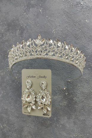 Neva Model Gelin Tacı Ve Mekik Damla Taşlı Küpe