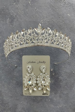 Neva Model Gelin Tacı Ve Mekik Damla Taşlı Küpe