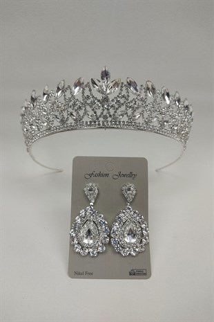 Neva Model Gelin Tacı Ve Mekik Taşlı Küpe