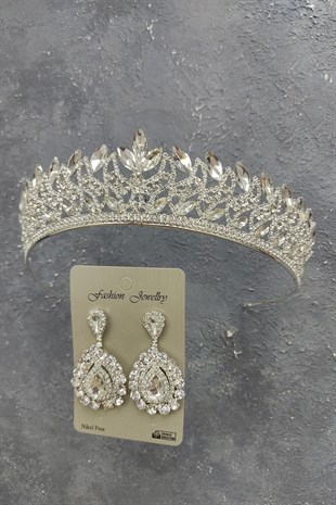 Neva Model Gelin Tacı Ve Mekik Taşlı Küpe