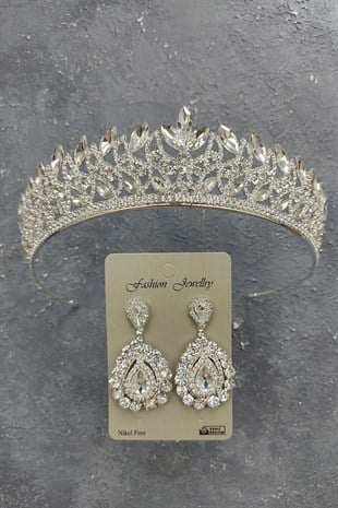 Neva Model Gelin Tacı Ve Mekik Taşlı Küpe