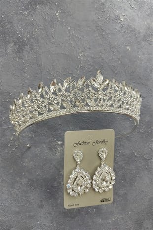 Neva Model Gelin Tacı Ve Mekik Taşlı Küpe