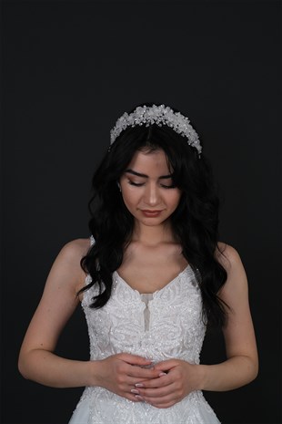 Nida Çiçek Mineli Gelin Tacı Saç ve Türban Aksesuarı