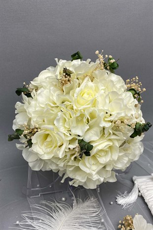 Okaliptuslu Gelin Buketi Nikah Şapkası ve Gelin Eldiveni Seti