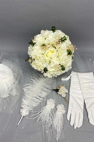 Okaliptuslu Gelin Buketi Nikah Şapkası ve Gelin Eldiveni Seti