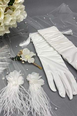 Okaliptuslu Gelin Buketi Nikah Şapkası ve Gelin Eldiveni Seti