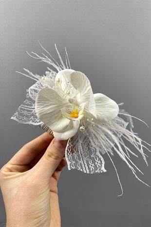 Orkide Boncuklu Ve Tüylü Taraklı Dış Çekim Gelin Saç Tokası