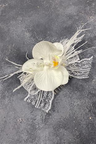 Orkide Boncuklu Ve Tüylü Taraklı Dış Çekim Gelin Saç Tokası