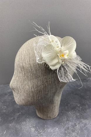 Orkide Boncuklu Ve Tüylü Taraklı Dış Çekim Gelin Saç Tokası